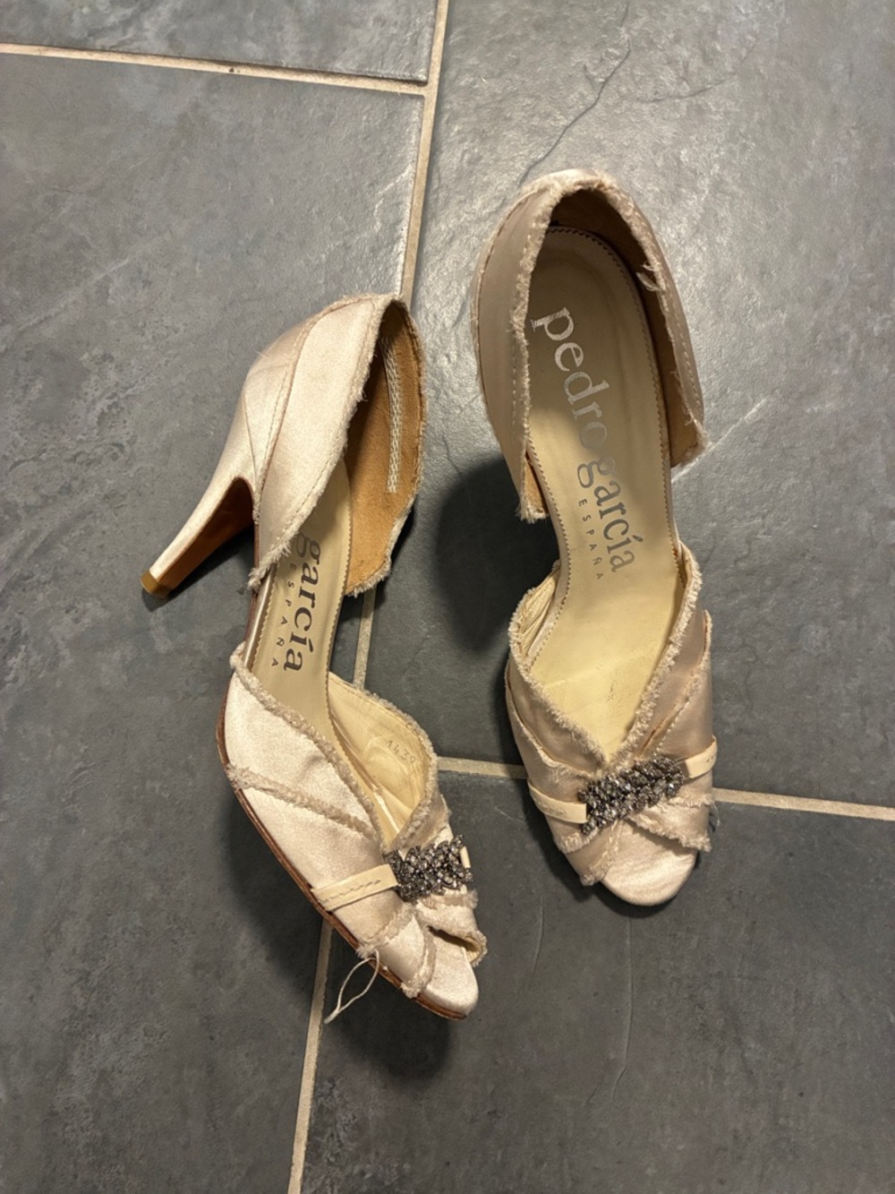 Pedro Garcia Cream Satin Open-Toe Heels with Crystal Detail